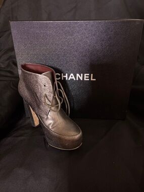CHANEL Metallic Black Lace-Up Platform Ankle Boot